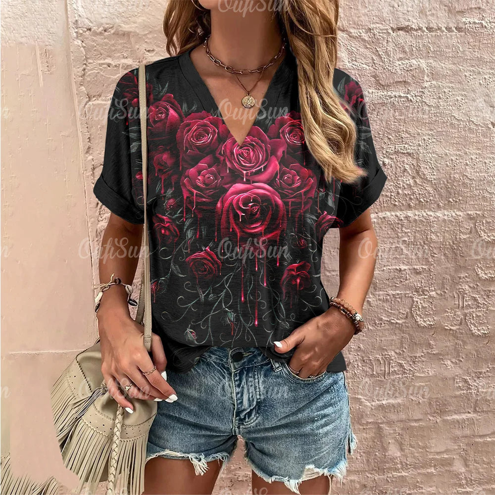 RoseVibe Summer Rose Print T-shirt