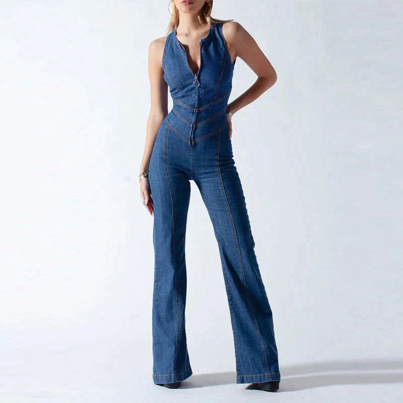 Velanora - Bodycon enger Denim-Jumpsuit mit offenem Rücken