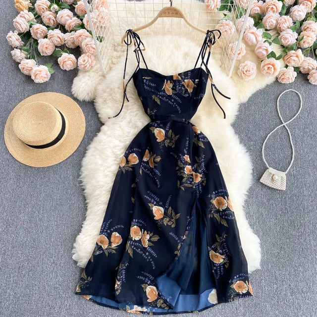 Vintage Bloemenprint Chiffon Jurk voor Zomerse Feesten