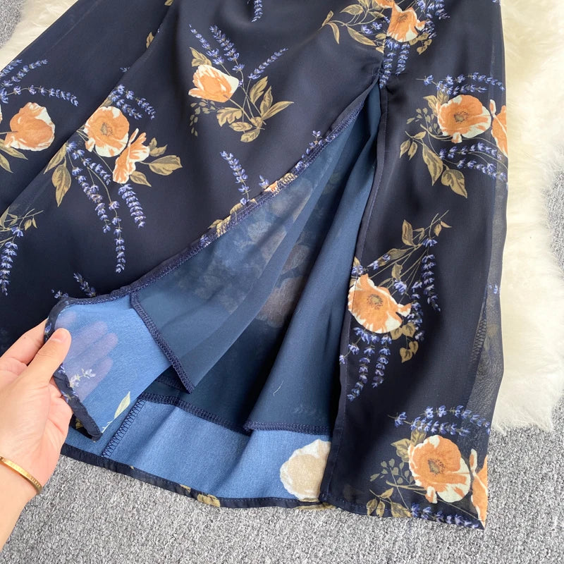 Vintage Bloemenprint Chiffon Jurk voor Zomerse Feesten