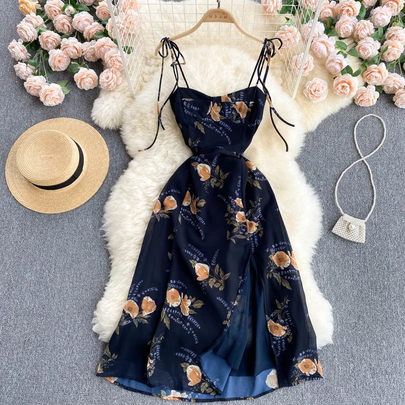 Vintage Bloemenprint Chiffon Jurk voor Zomerse Feesten