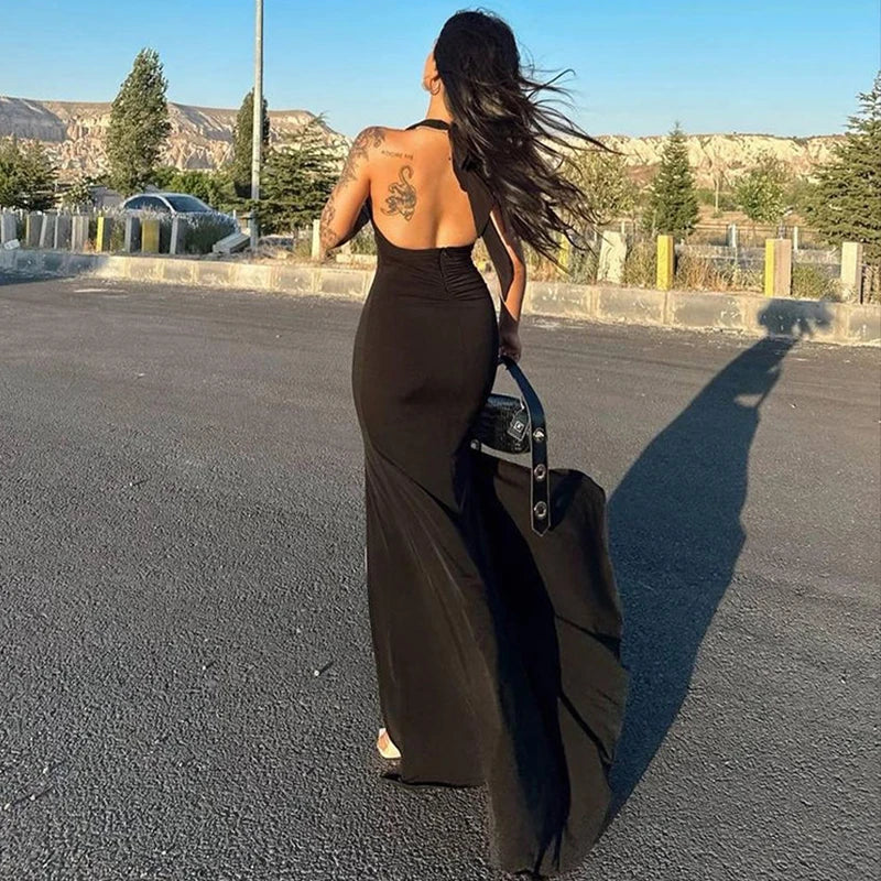 Seductive Black Maxi Dress with Split - Festive Elegance