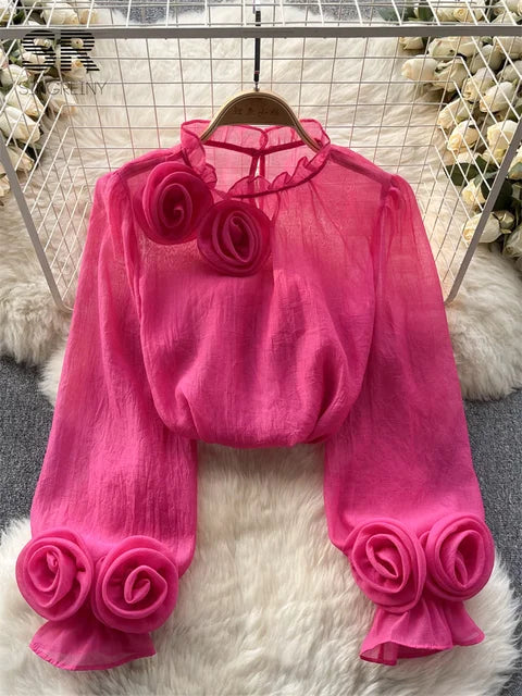 Modische Mesh-Blumenbluse