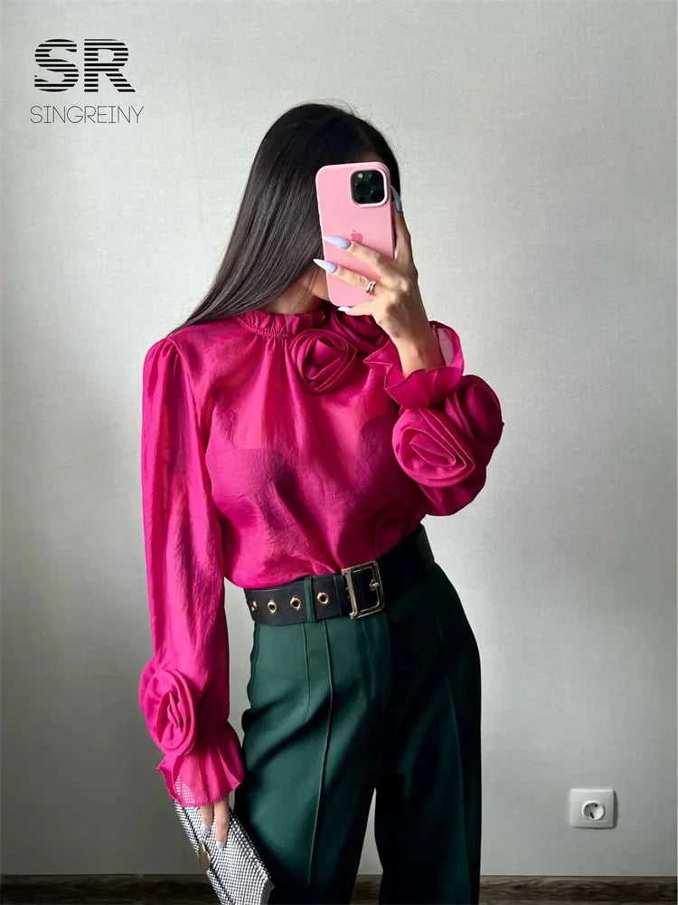 Modische Mesh-Blumenbluse