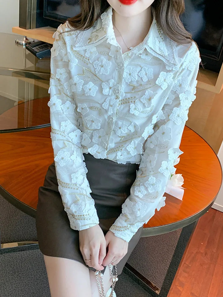 Autumn Chiffon Blouse with 3D Flowers for Women