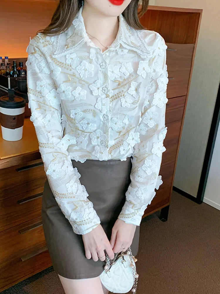 Autumn Chiffon Blouse with 3D Flowers for Women