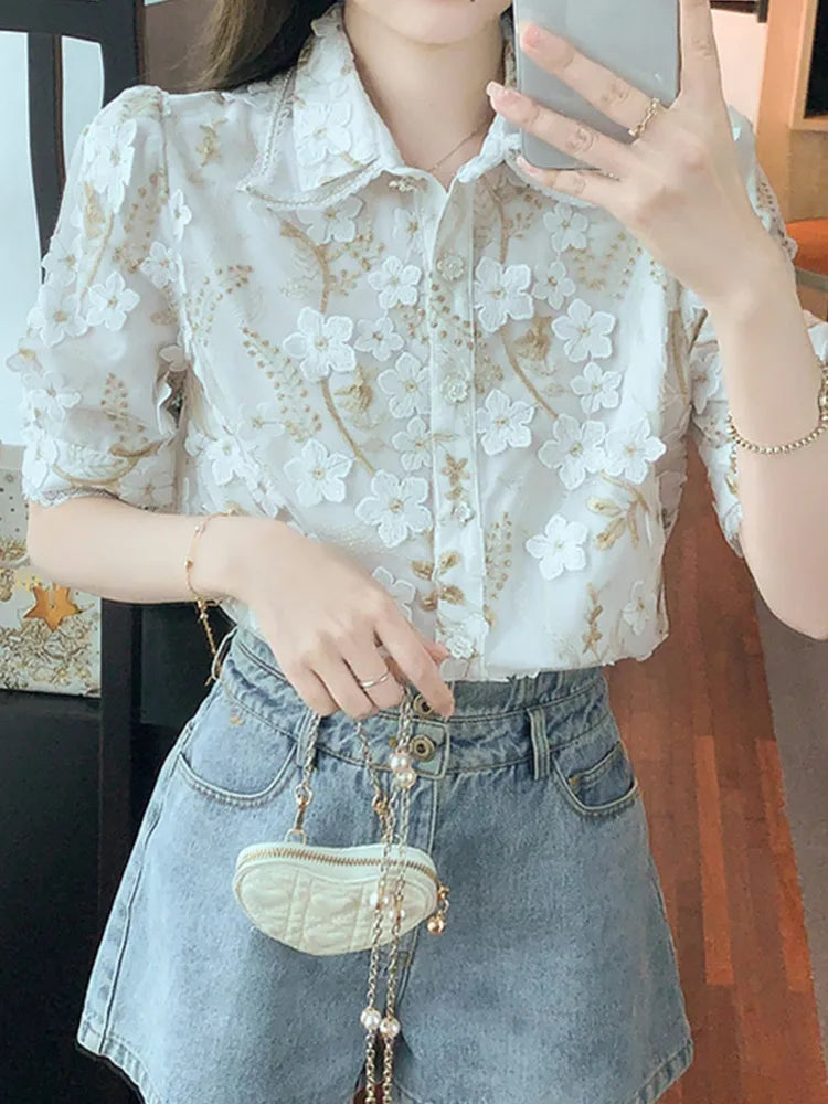 Zomer Nieuw Franse Vintage Bloemenborduurwerk Shirt