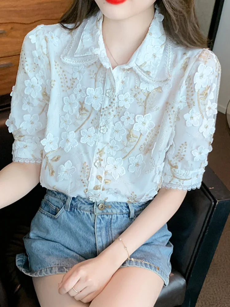 Zomer Nieuw Franse Vintage Bloemenborduurwerk Shirt