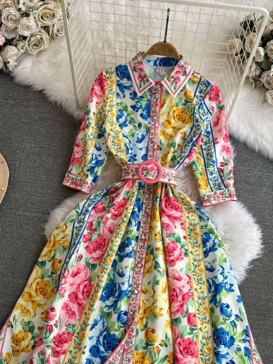 Zomerse Parel Vintage Paleis Stijl Chiffon Jurk met Turn-Down Kraag