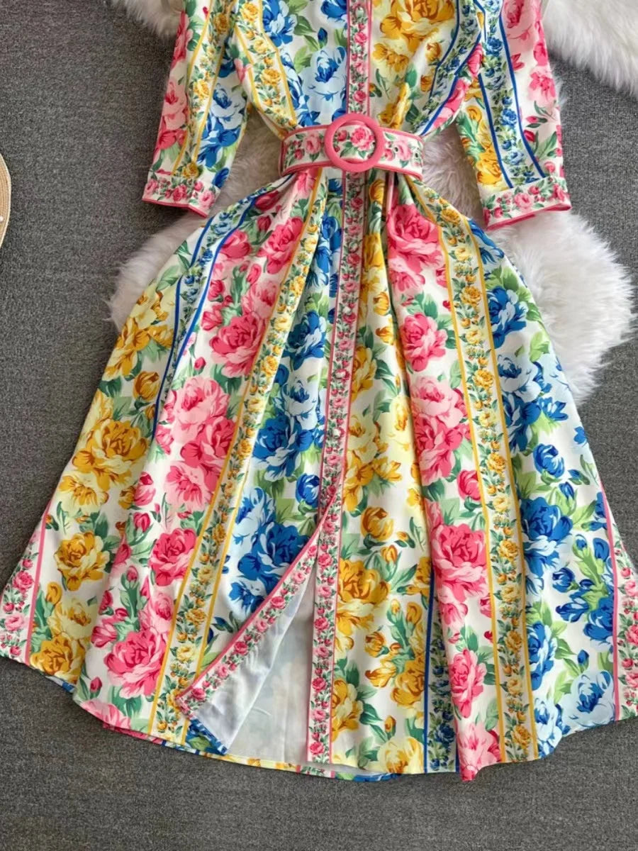 Zomerse Parel Vintage Paleis Stijl Chiffon Jurk met Turn-Down Kraag