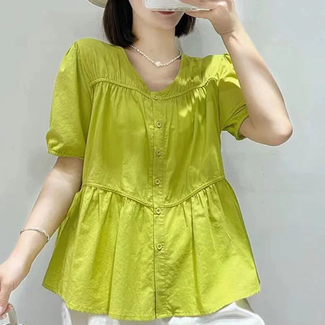 Elegant summer blouse with O-neck, bow and pleats