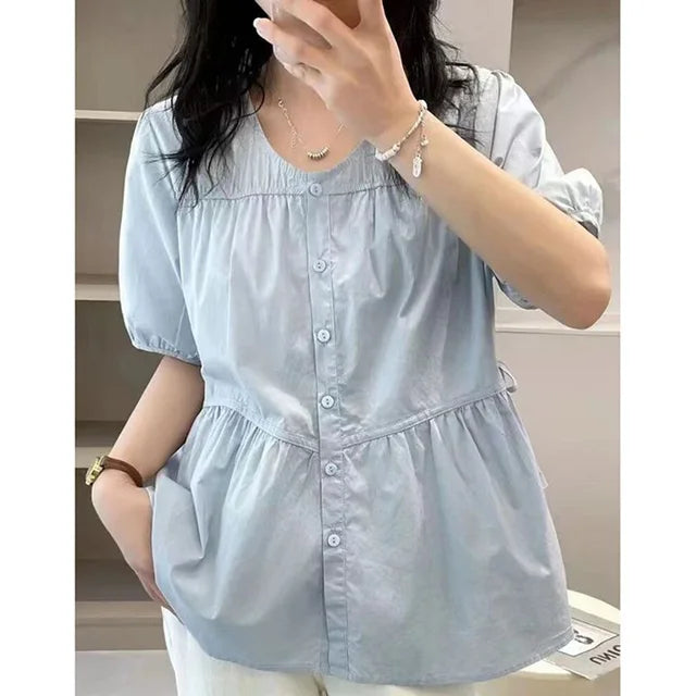 Elegant summer blouse with O-neck, bow and pleats