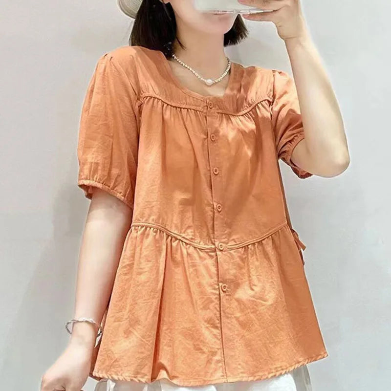 Elegant summer blouse with O-neck, bow and pleats