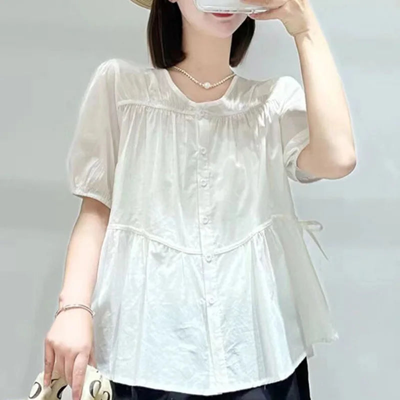 Elegant summer blouse with O-neck, bow and pleats