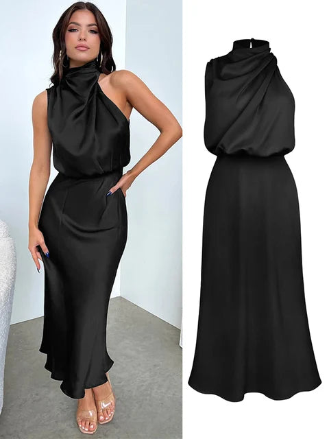 VELANORA- Elegante Satijnen Maxi Jurk