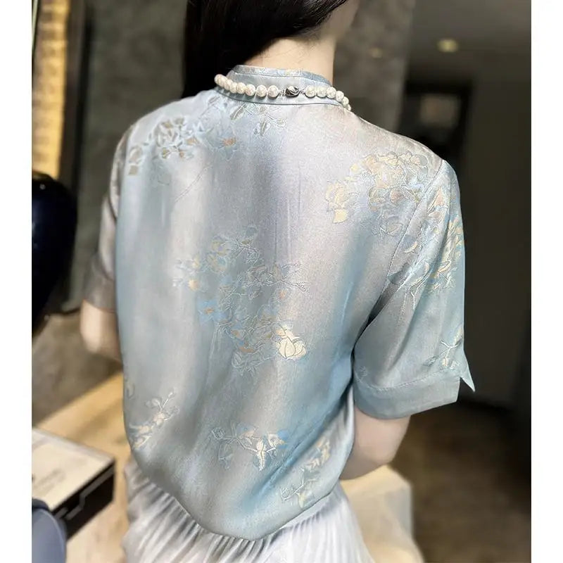 De Jade Lotus Chinese Stijl Print Chiffon Blouse