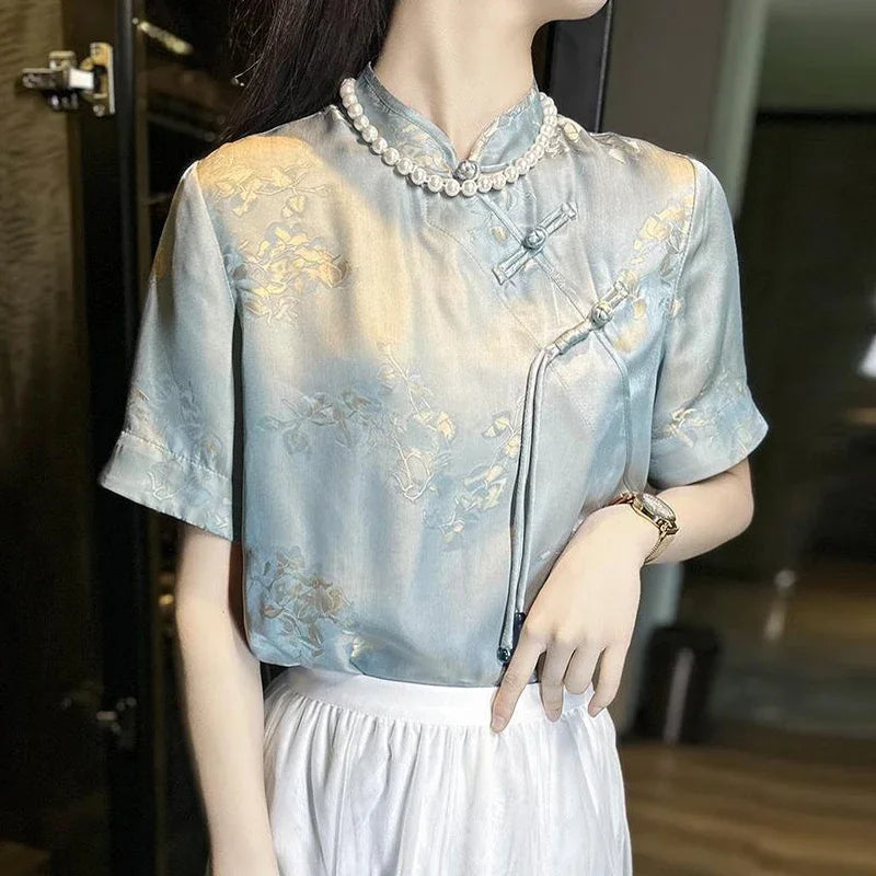 De Jade Lotus Chinese Stijl Print Chiffon Blouse