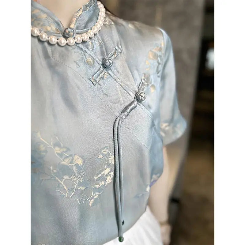 De Jade Lotus Chinese Stijl Print Chiffon Blouse