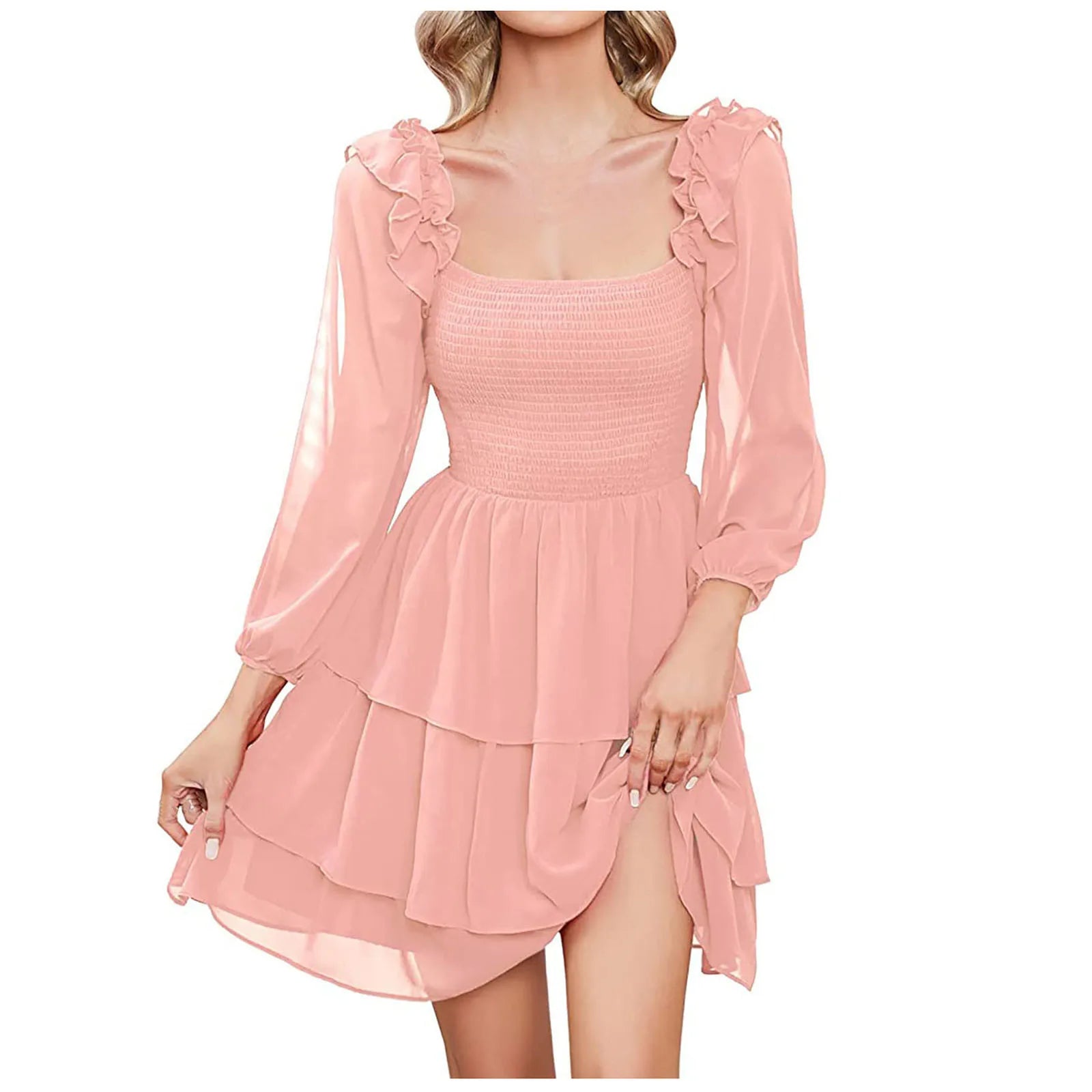 Incantevole abito in chiffon rosa con colletto quadrato da donna