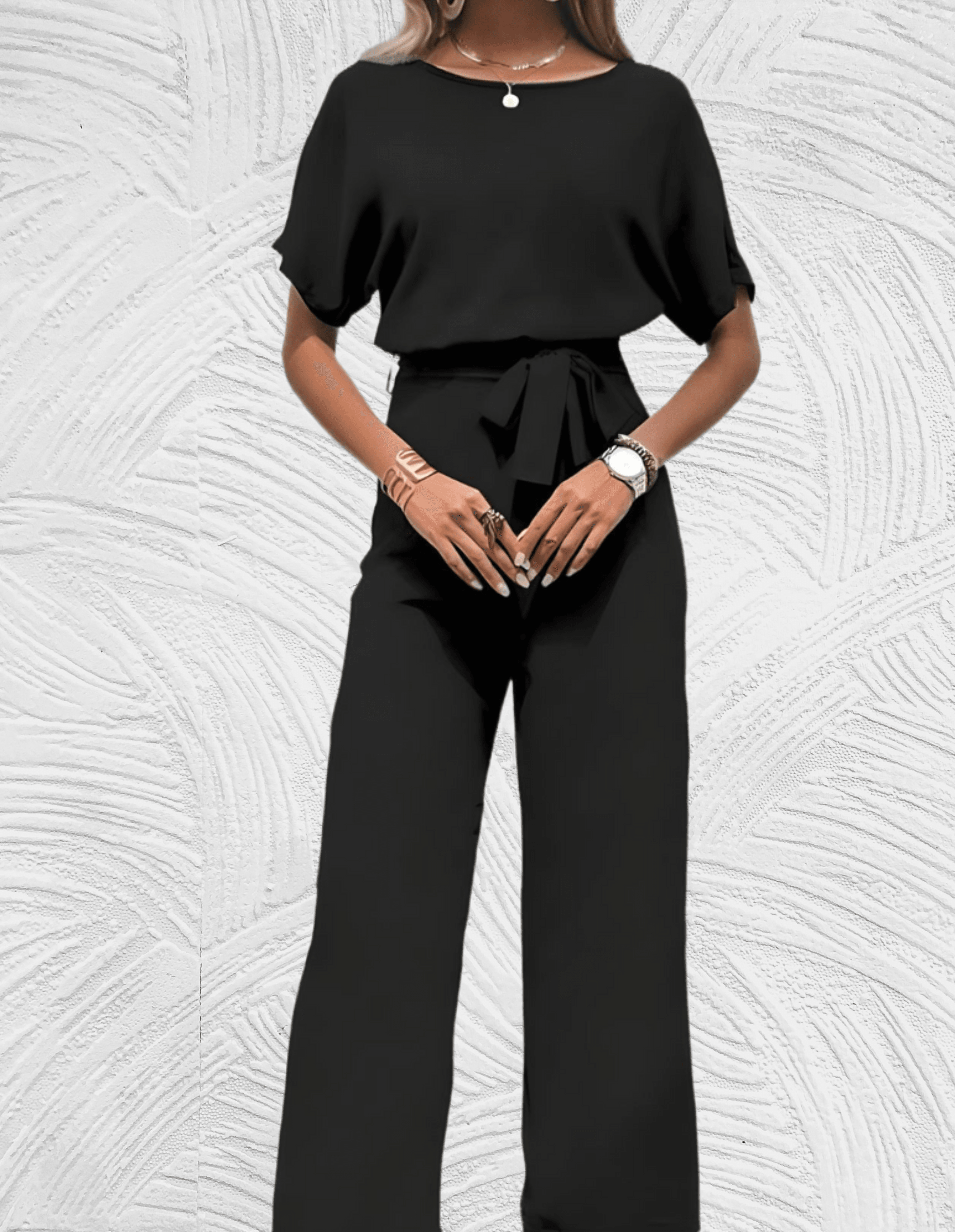 Velanora- Beautiful fitted jumpsuit with wide sleeves and wide legs with tie straps on the side