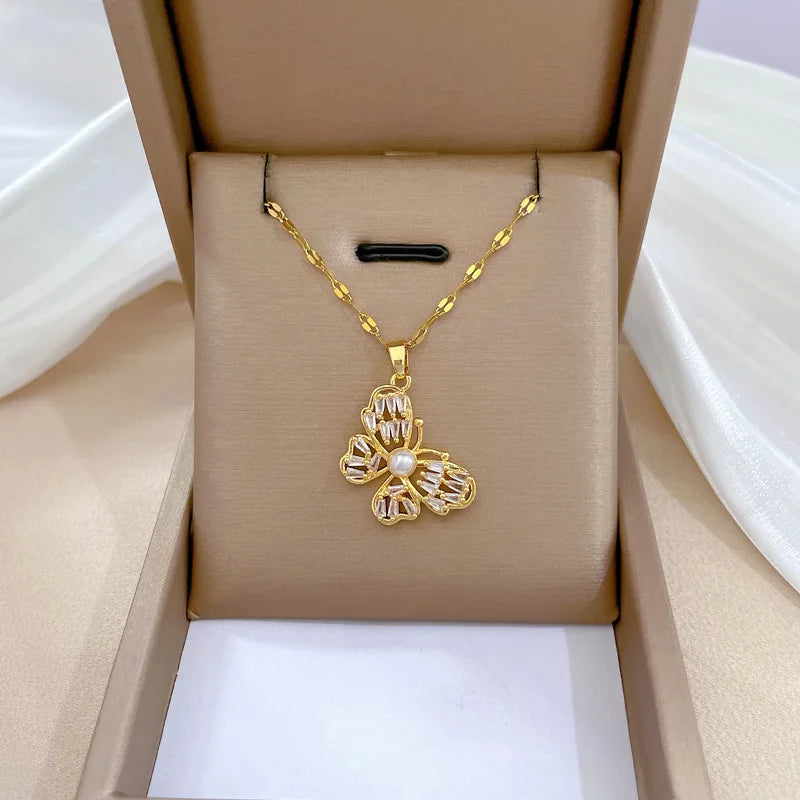 Luxe Volledige Zirkoon Parel Vlinder Ketting