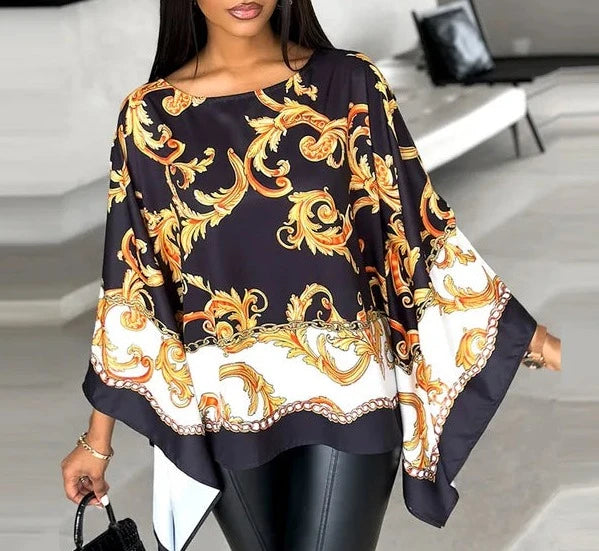Gedrucktes Rundhals-Batwing-Ärmeln-Top für Frauen