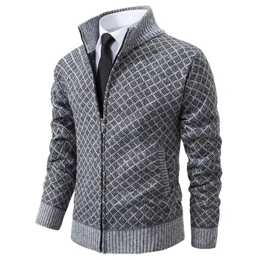 Turbano grijze gebreide jas met ruitpatroon, voorzien van een nette rits en een stijlvolle das, voor een elegante en kwaliteitsvolle uitstraling.