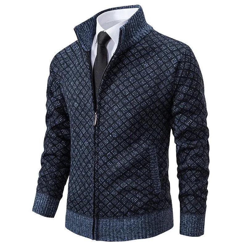 Turbano blauwe gebreide jas met ruitpatroon, elegant en stijlvol afgewerkt met een rits en een das, voor een kwaliteitsvolle uitstraling.