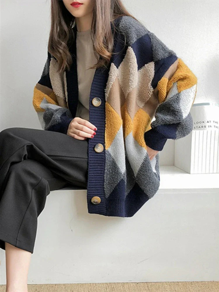 Liana | Women's Oversized Checked Knit Cardigan with Puff Sleeves | Navy Blue