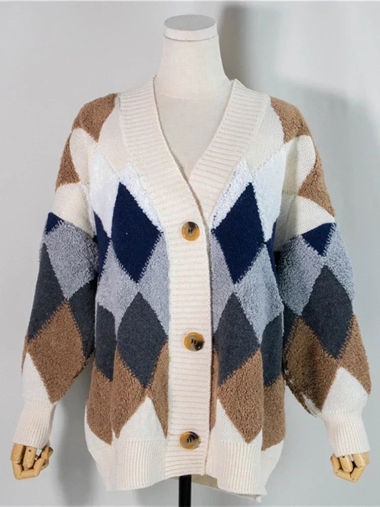 Liana | Women's Oversized Checked Knit Cardigan with Puff Sleeves | Navy Blue