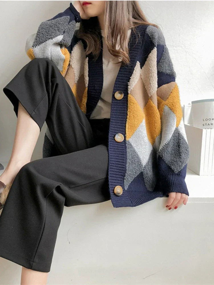 Liana | Women's Oversized Checked Knit Cardigan with Puff Sleeves | Navy Blue