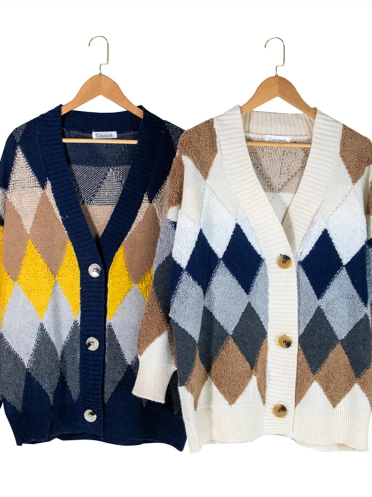Liana | Women's Oversized Checked Knit Cardigan with Puff Sleeves | Navy Blue