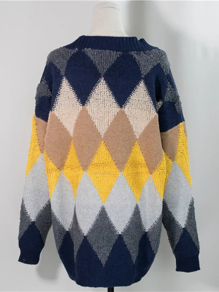 Liana | Women's Oversized Checked Knit Cardigan with Puff Sleeves | Navy Blue