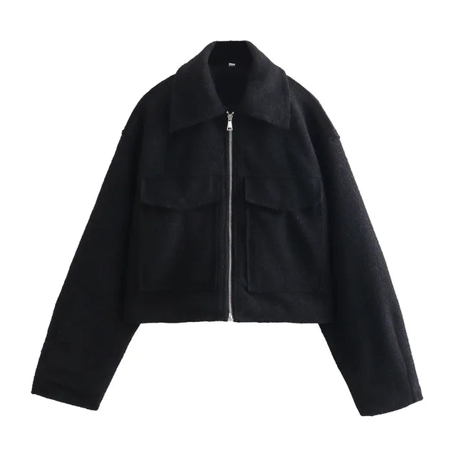 VivaChic Women's Jacket with Flip Collar and Patch Pocket