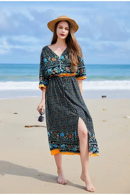 Zomerse Chic Oversized Gebloemde Jurk met Gespleten Zoom
