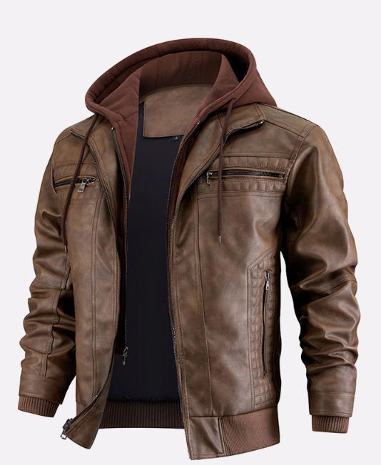 Een premium leren jack van VanMerin in een warme bruine tint. Het jack heeft een stoere uitstraling met een geïntegreerde hoodie voor extra comfort en stijl. Perfect voor een casual en modieuze look in elke gelegenheid.