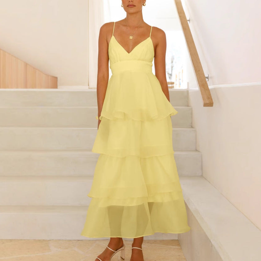 Vanessa | Elegante maxi-jurk met gelaagde ruches en spaghettibandjes