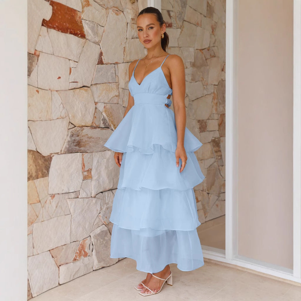 Vanessa | Elegante maxi-jurk met gelaagde ruches en spaghettibandjes