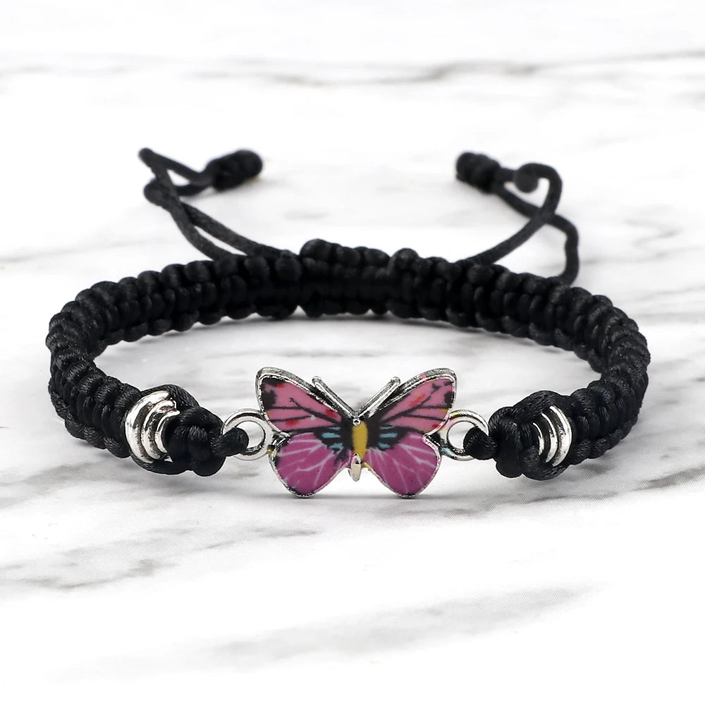 Dreamy Butterfly Adjustable Black White String Braided Bracelet with Butterfly Pendant