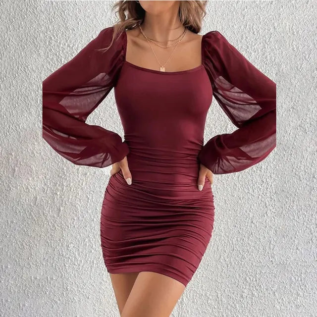 Elegante Vierkante Kraag Jurk met Mesh Inzetstukken en Plooien