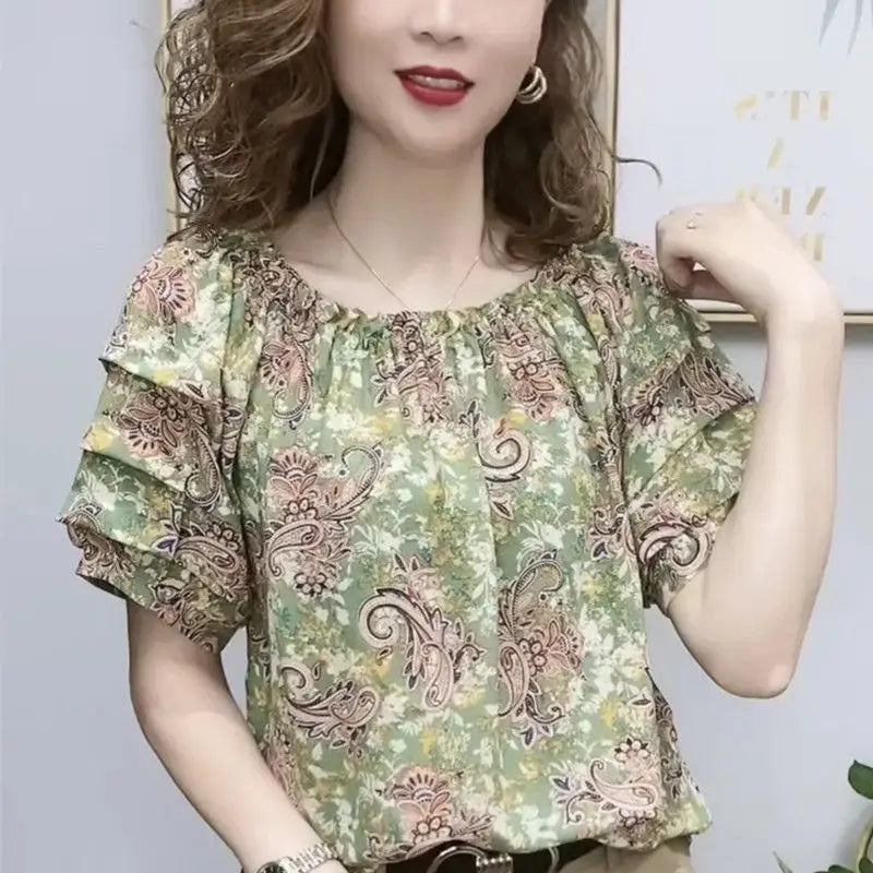 Camicetta estiva con stampa vintage e ruches per donna
