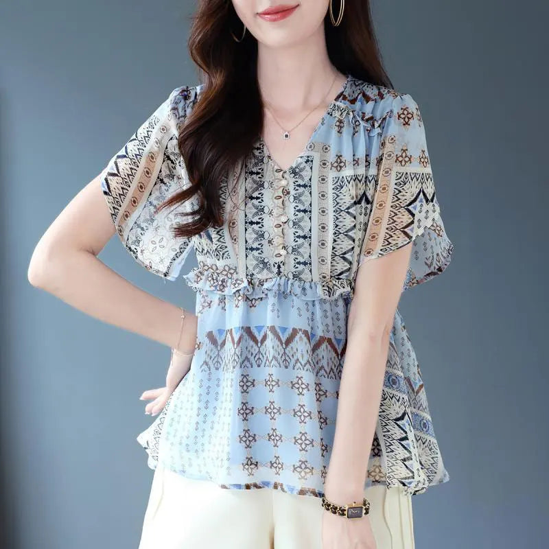 Flora Vintage Folk Print V-hals Shirt voor Stijlvolle Zomerdagen