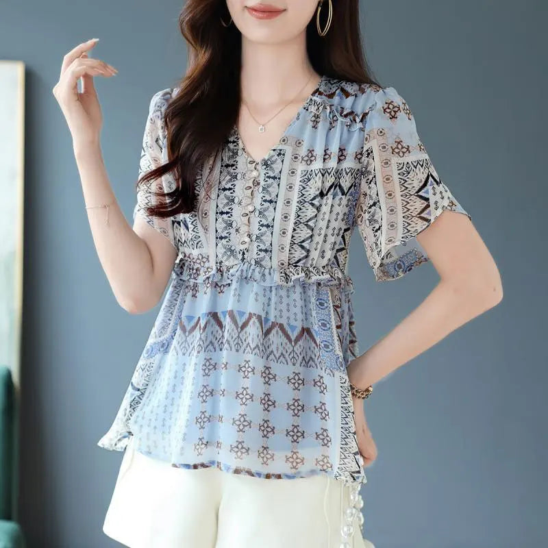 Flora Vintage Folk Print V-hals Shirt voor Stijlvolle Zomerdagen