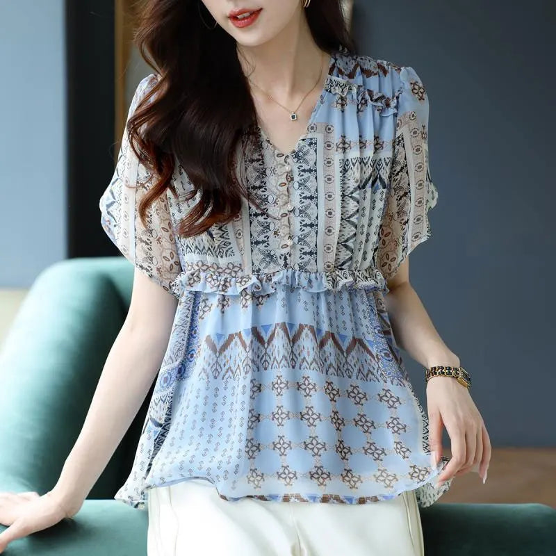 Flora Vintage Folk Print V-hals Shirt voor Stijlvolle Zomerdagen
