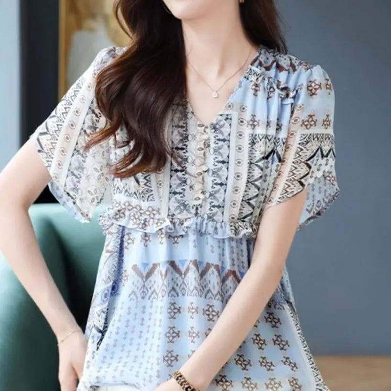 Flora Vintage Folk Print V-hals Shirt voor Stijlvolle Zomerdagen