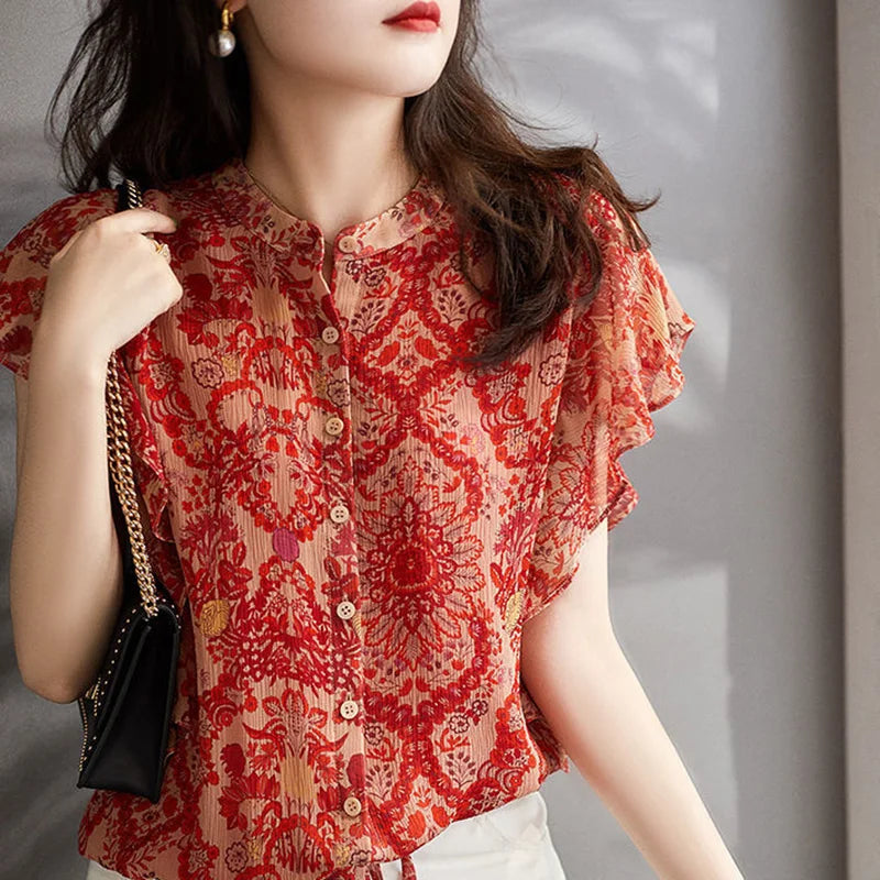 Vintage Chiffon Blouse with Ruffles for Summer Elegance