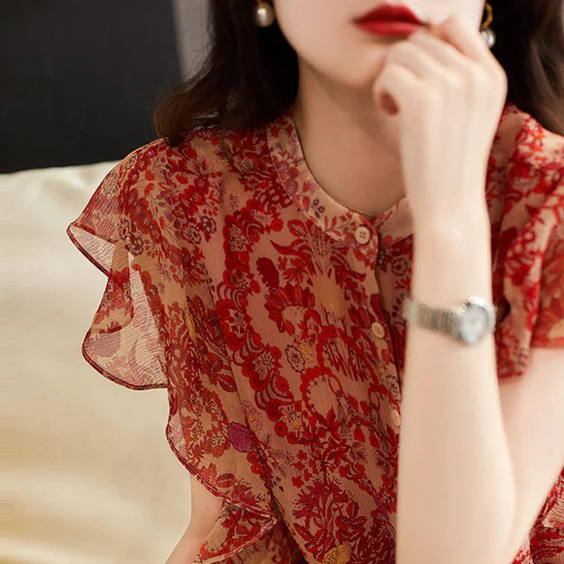 Vintage Chiffon Blouse with Ruffles for Summer Elegance