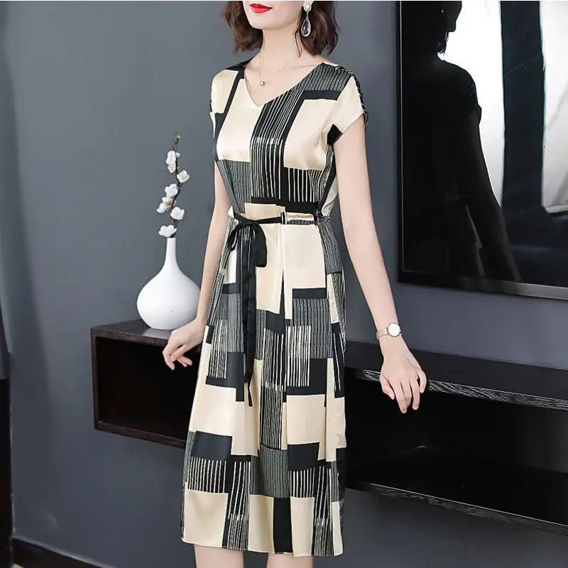 Aurora Vintage Geometrische Zomerjurk Met V-Hals