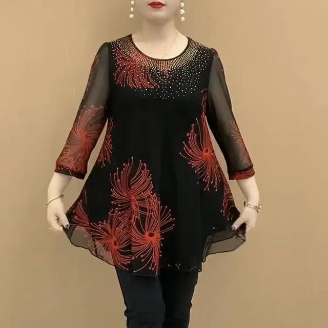 Vintage Mesh Spliced Blouse for Women