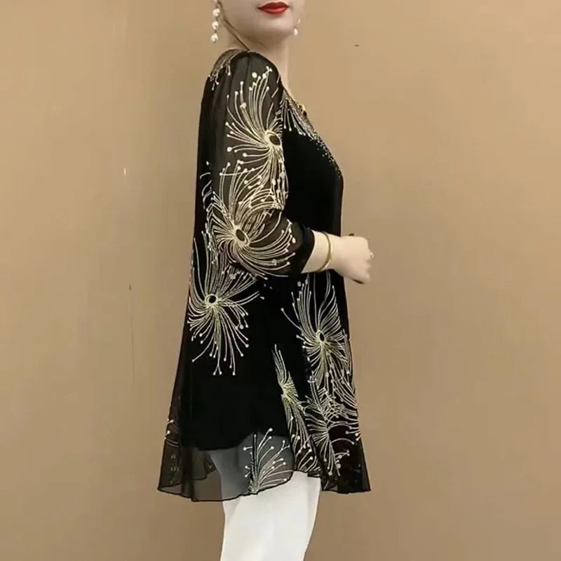 Vintage Mesh Spliced Blouse for Women